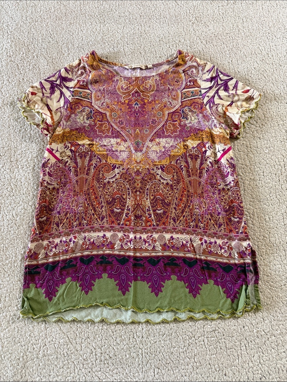 Soft Surroundings Purple Paisley Tee with Green Trim